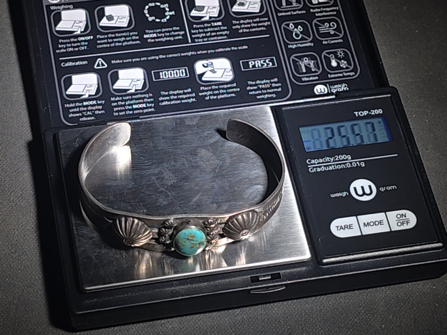 Vintage Native American Sterling Silver and Turquoise Cuff Bracelet with Stampwork and Applied Rosette Accents