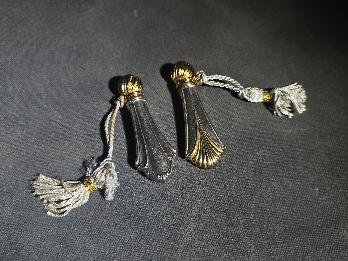 Pair of Vintage Lunt Sterling Silver Perfume Flasks with Gold-Tone Caps and Tassels in Two Patterns with Lunt Storage Pouch