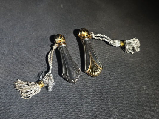 Pair of Vintage Lunt Sterling Silver Perfume Flasks with Gold-Tone Caps and Tassels in Two Patterns with Lunt Storage Pouch
