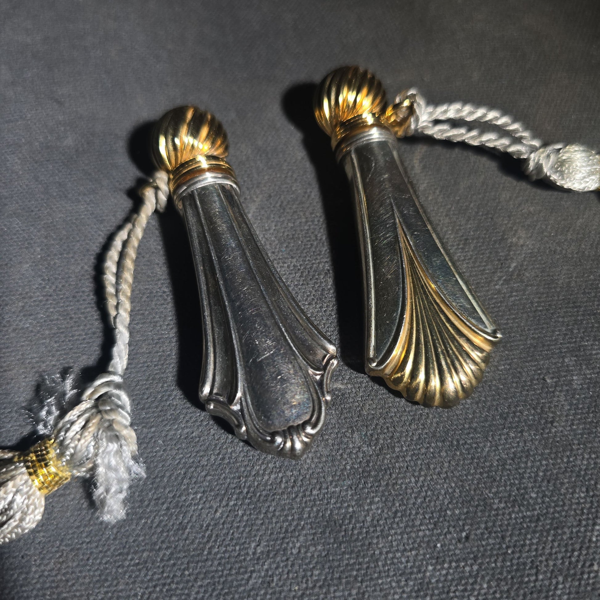 Pair of Vintage Lunt Sterling Silver Perfume Flasks with Gold-Tone Caps and Tassels in Two Patterns with Lunt Storage Pouch