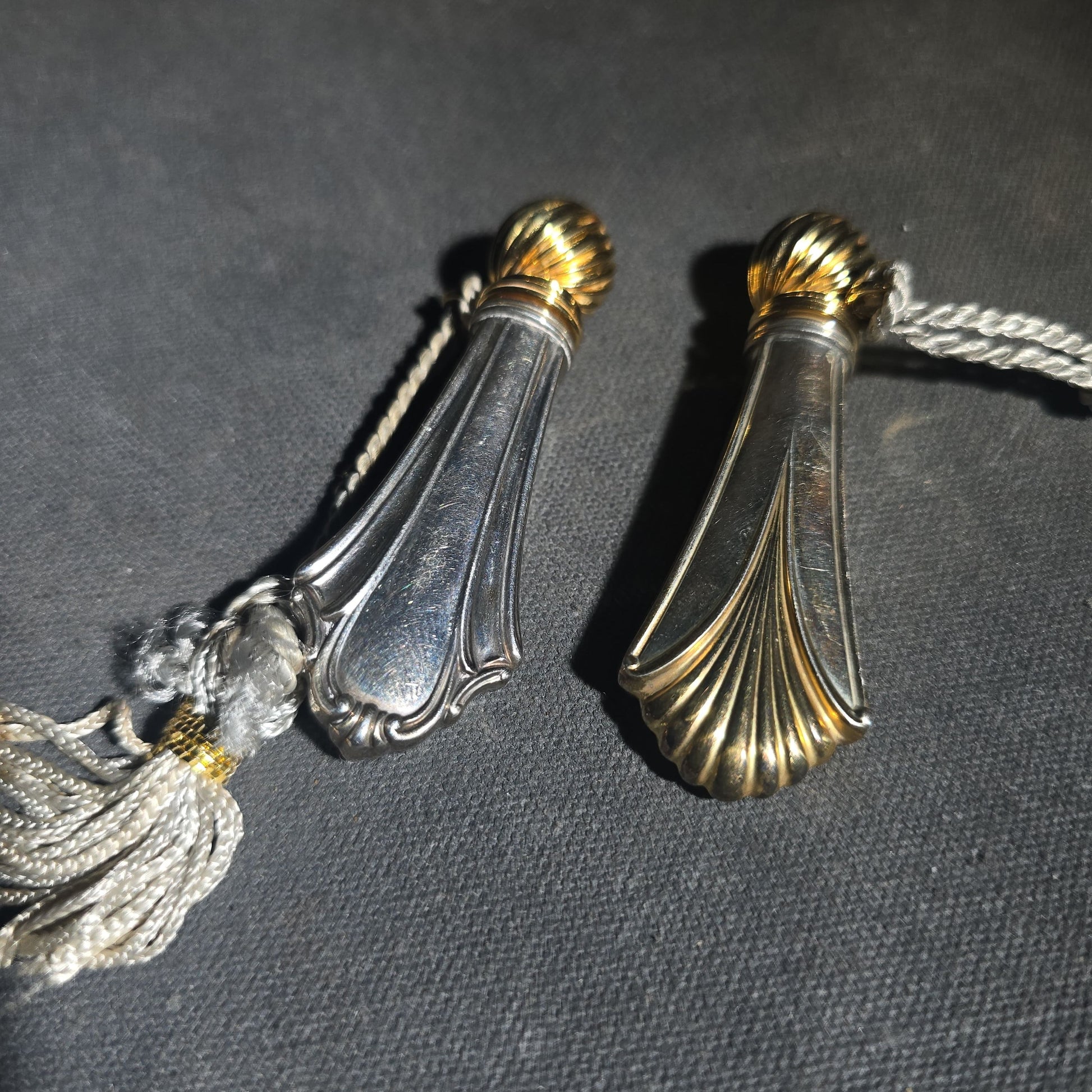 Pair of Vintage Lunt Sterling Silver Perfume Flasks with Gold-Tone Caps and Tassels in Two Patterns with Lunt Storage Pouch