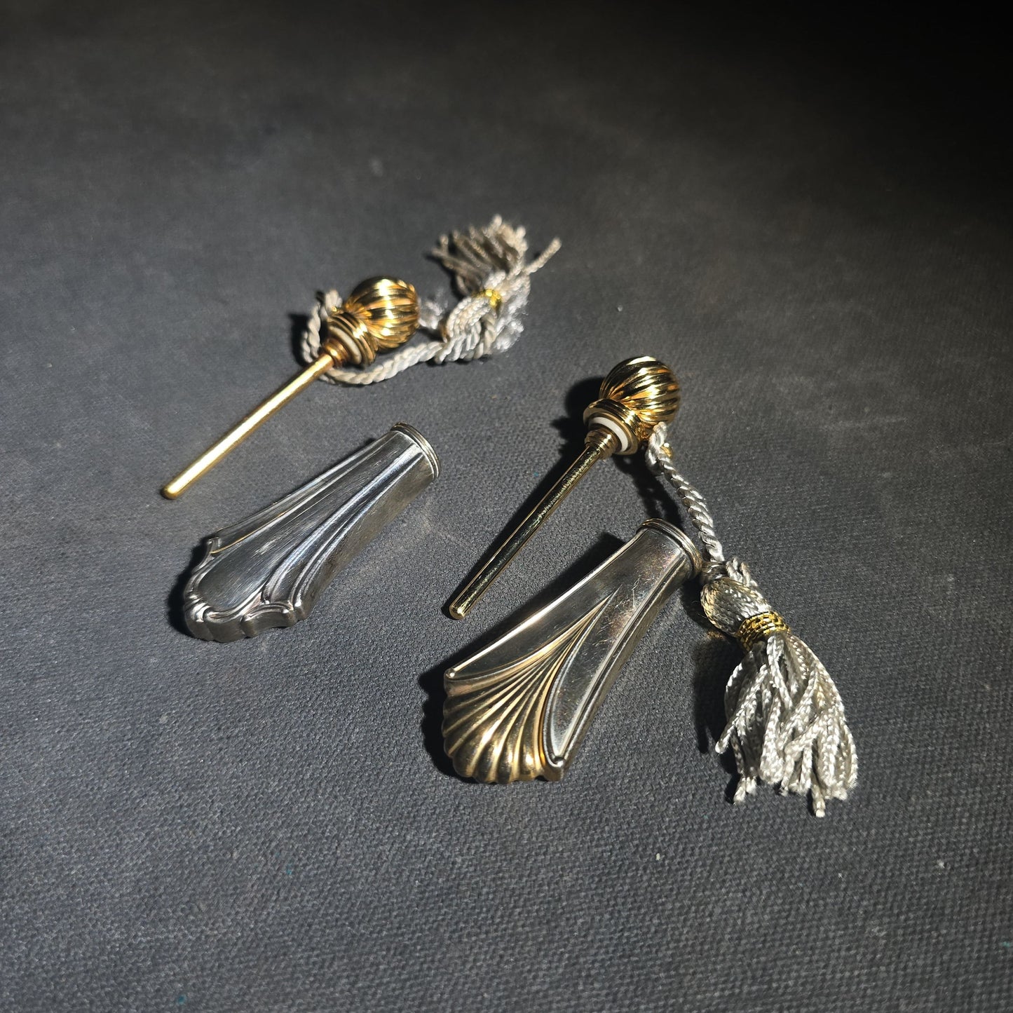 Pair of Vintage Lunt Sterling Silver Perfume Flasks with Gold-Tone Caps and Tassels in Two Patterns with Lunt Storage Pouch