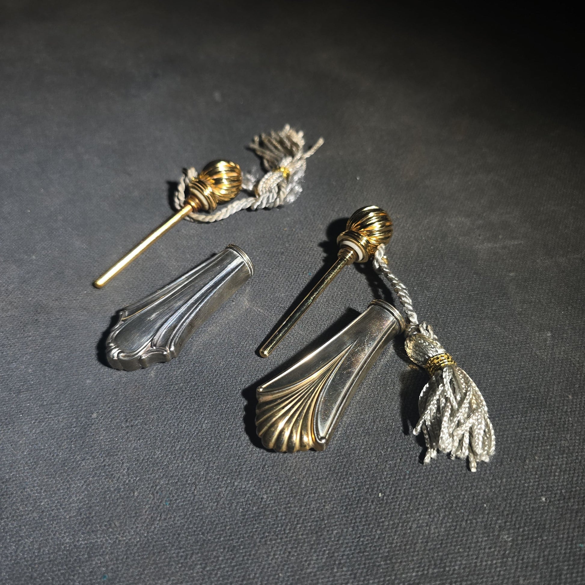 Pair of Vintage Lunt Sterling Silver Perfume Flasks with Gold-Tone Caps and Tassels in Two Patterns with Lunt Storage Pouch