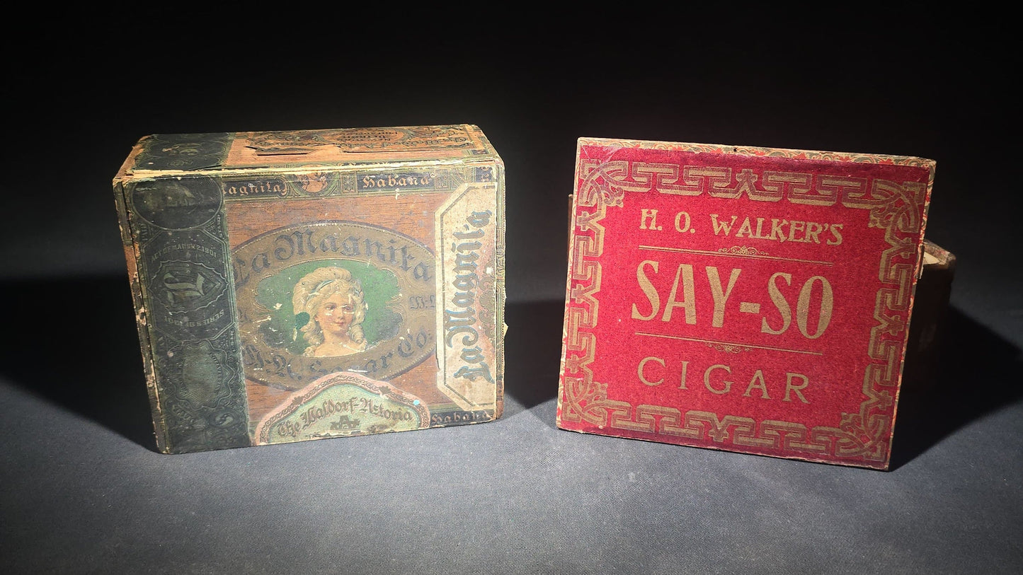 Pair of Antique Wooden Cigar Boxes including La Magnita Puritanos Finos by The Waldorf-Astoria Segar Co. and H.O. Walker's Say-So Cigar