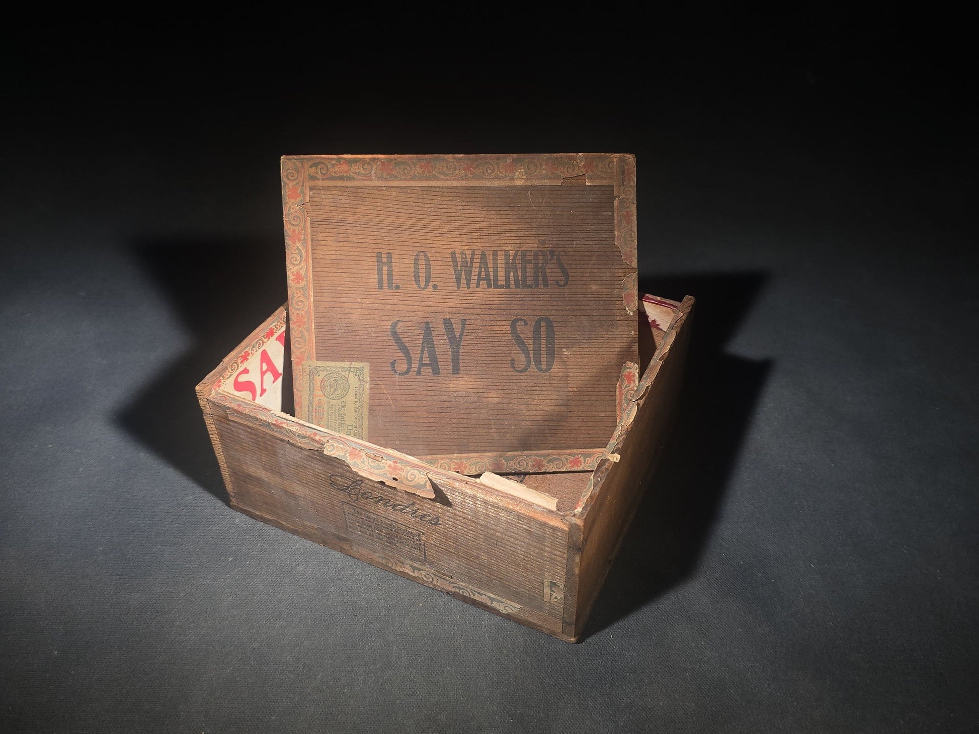 Pair of Antique Wooden Cigar Boxes including La Magnita Puritanos Finos by The Waldorf-Astoria Segar Co. and H.O. Walker's Say-So Cigar