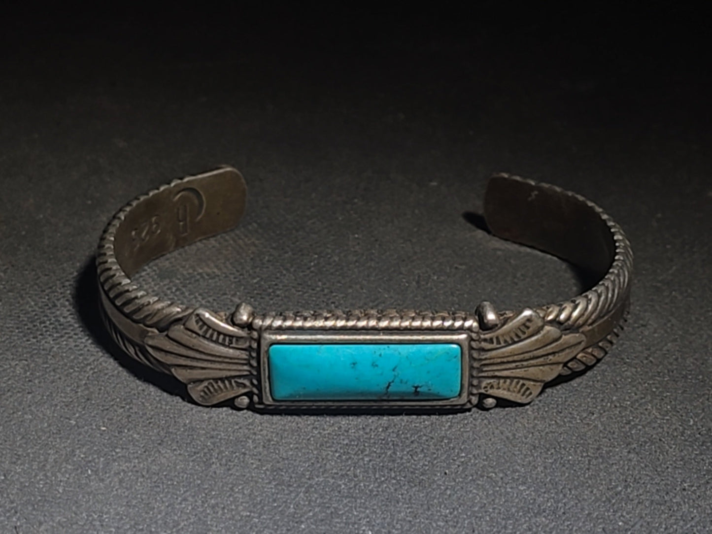 Vintage Carolyn Pollack Southwestern Sterling Silver and Turquoise Cuff Bracelet with Rectangular Stone, Leaf Appliques, and Rope Twist Detail
