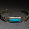 Lot 030 - Vintage Carolyn Pollack Southwestern Sterling Silver and Turquoise Cuff Bracelet with Rectangular Stone, Leaf Appliques, and Rope Twist Detail, Total Weight 34.61 g