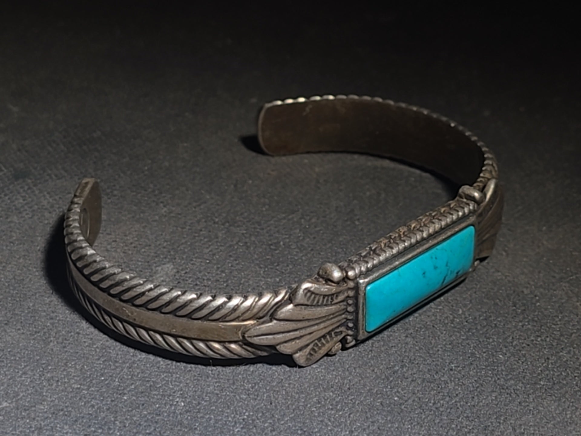 Vintage Carolyn Pollack Southwestern Sterling Silver and Turquoise Cuff Bracelet with Rectangular Stone, Leaf Appliques, and Rope Twist Detail