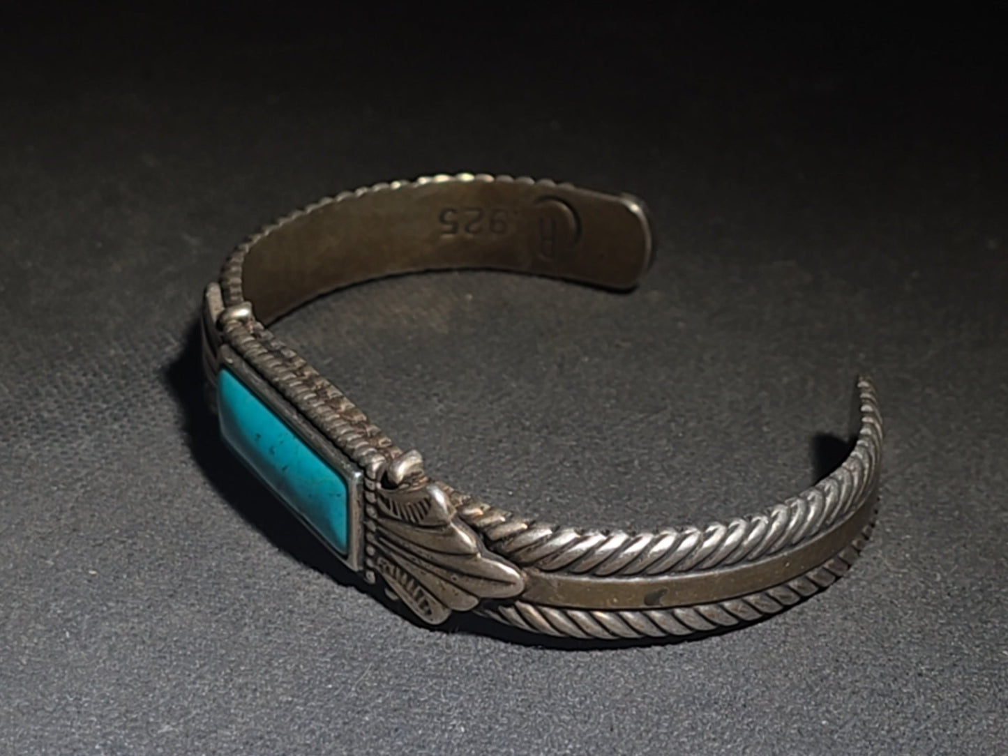 Vintage Carolyn Pollack Southwestern Sterling Silver and Turquoise Cuff Bracelet with Rectangular Stone, Leaf Appliques, and Rope Twist Detail