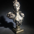 Lot 058 - Vintage Art Nouveau Style Bust of a Young Woman with Upswept Hair, Ruffled Collar, and Rose Spray on Pedestal Base, 11" H