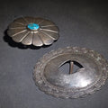 Lot 031 - Pair of Vintage Southwestern Sterling Silver Belt Buckles Including Turquoise-Set Petal Form and Stamped Oval Concho, Total Weight 69.00 g