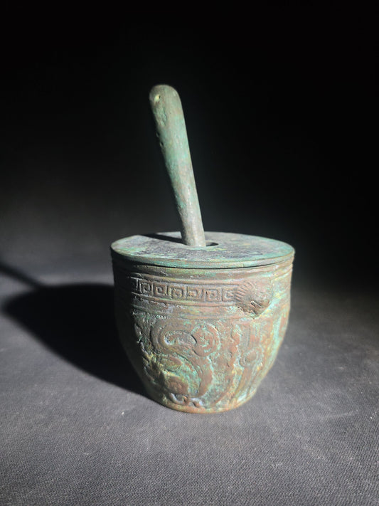 Vintage Vietnamese Bronze Mortar and Pestle with Lid, Relief Figural and Greek Key Decoration, Marked Thanh Le for Roussel