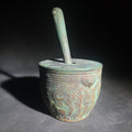 Lot 029 - Vintage Vietnamese Bronze Mortar and Pestle with Lid, Relief Figural and Greek Key Decoration, Marked Thanh Le for Roussel, 7-1/4" H