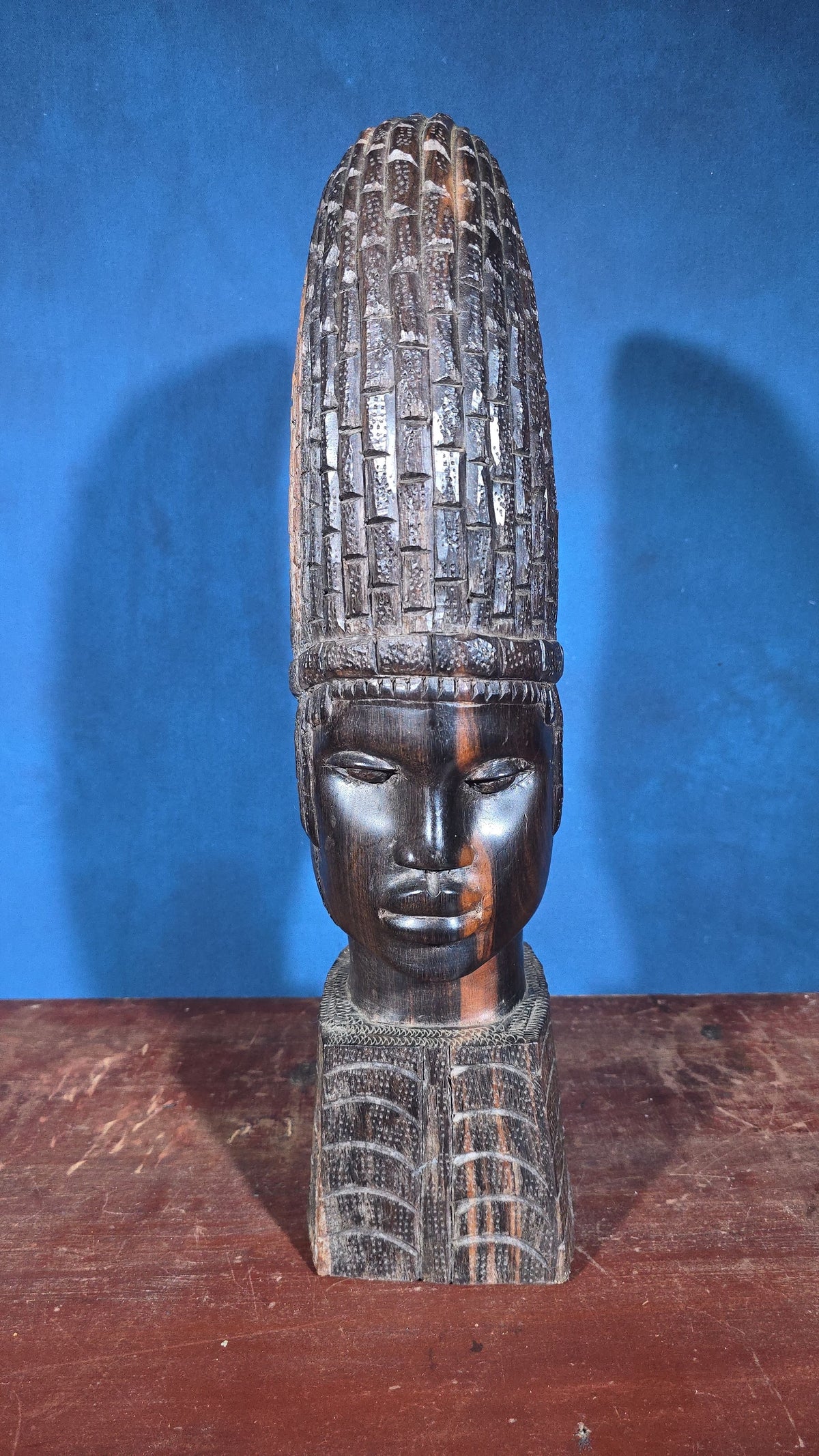 Vintage Carved Wood African Bust with Tall Headdress