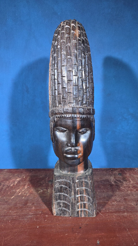 Vintage Carved Wood African Bust with Tall Headdress