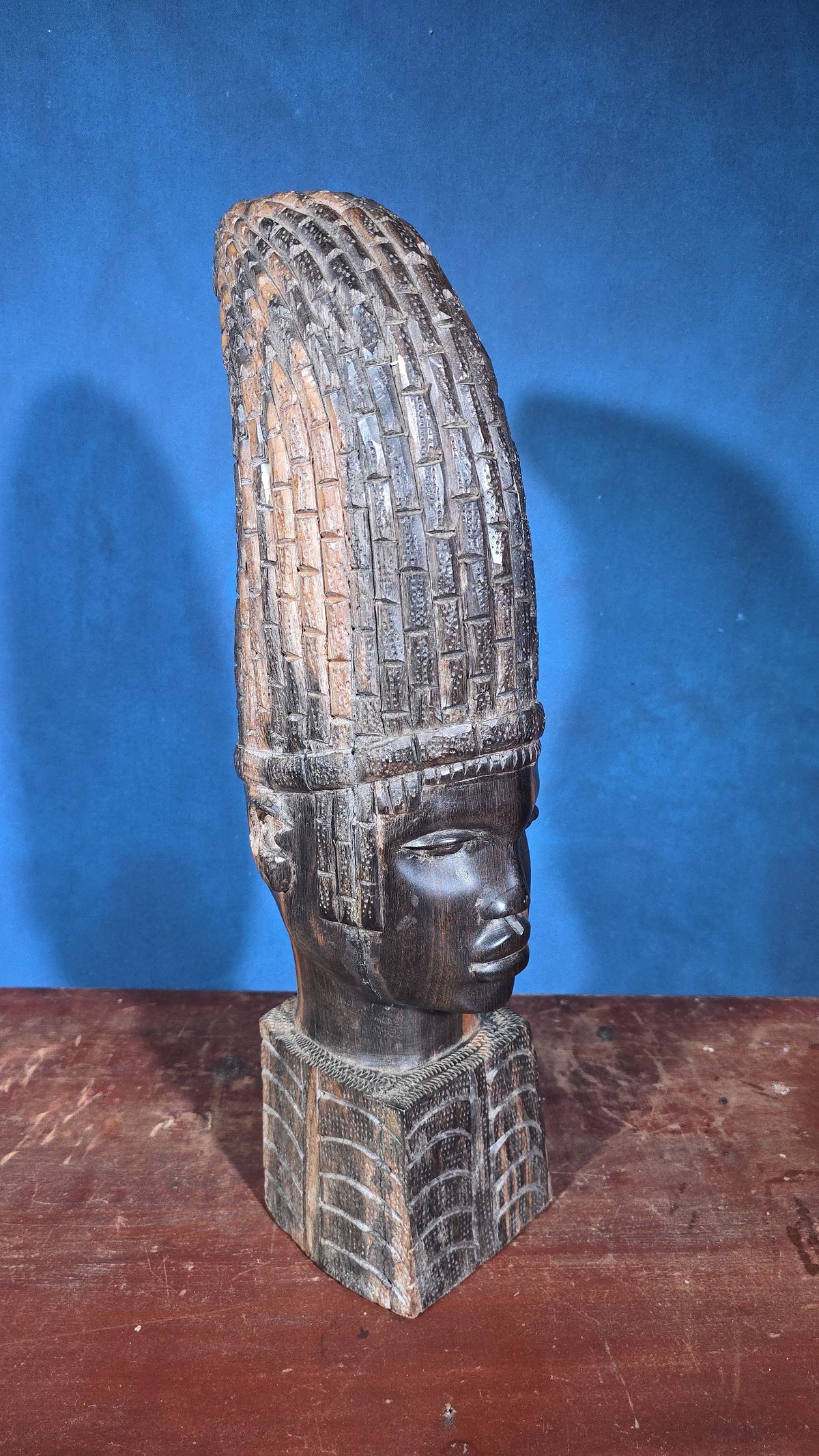 Vintage Carved Wood African Bust with Tall Headdress