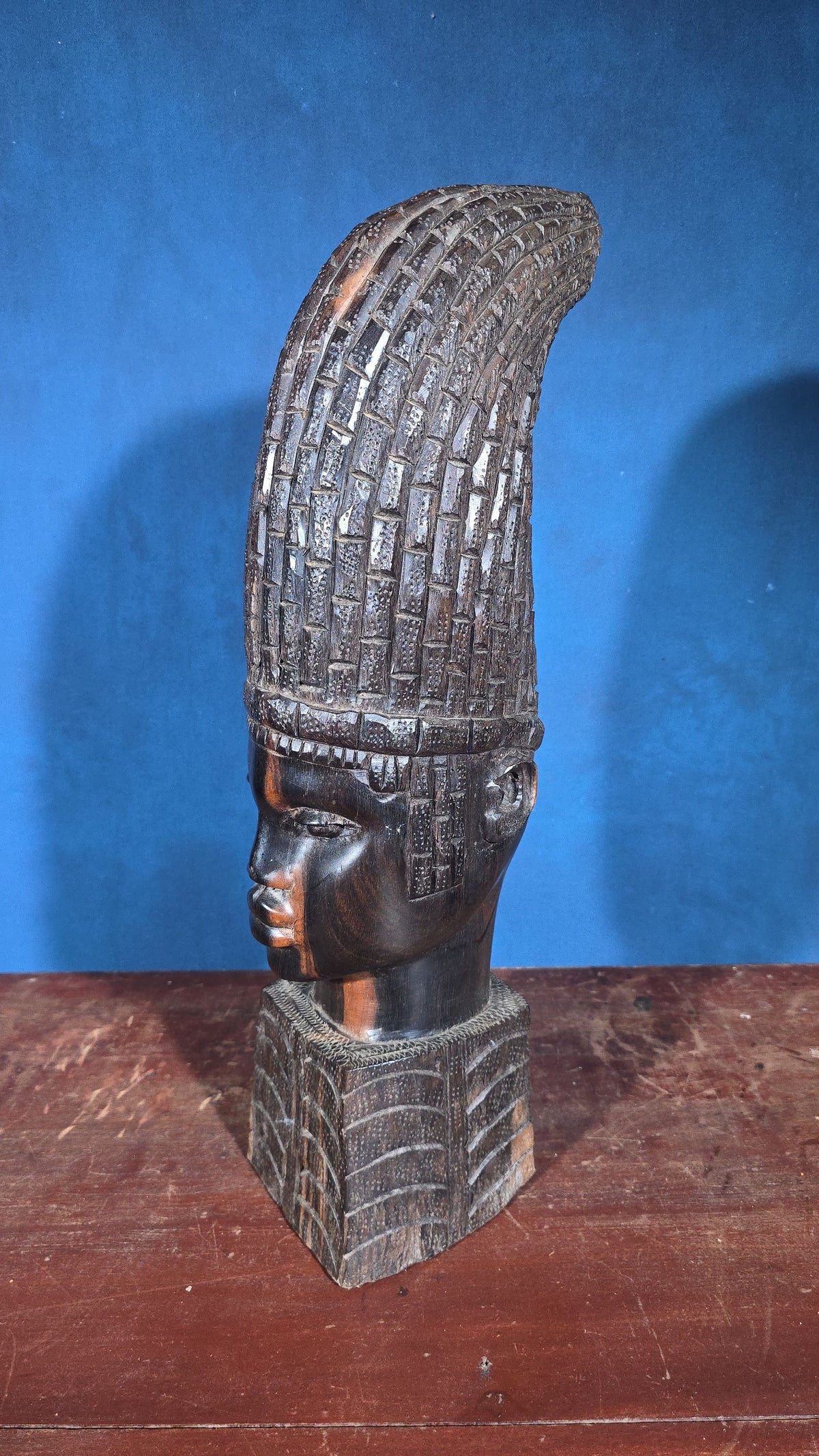Vintage Carved Wood African Bust with Tall Headdress