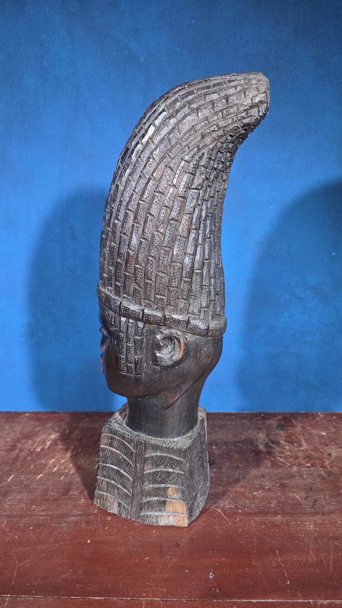 Vintage Carved Wood African Bust with Tall Headdress