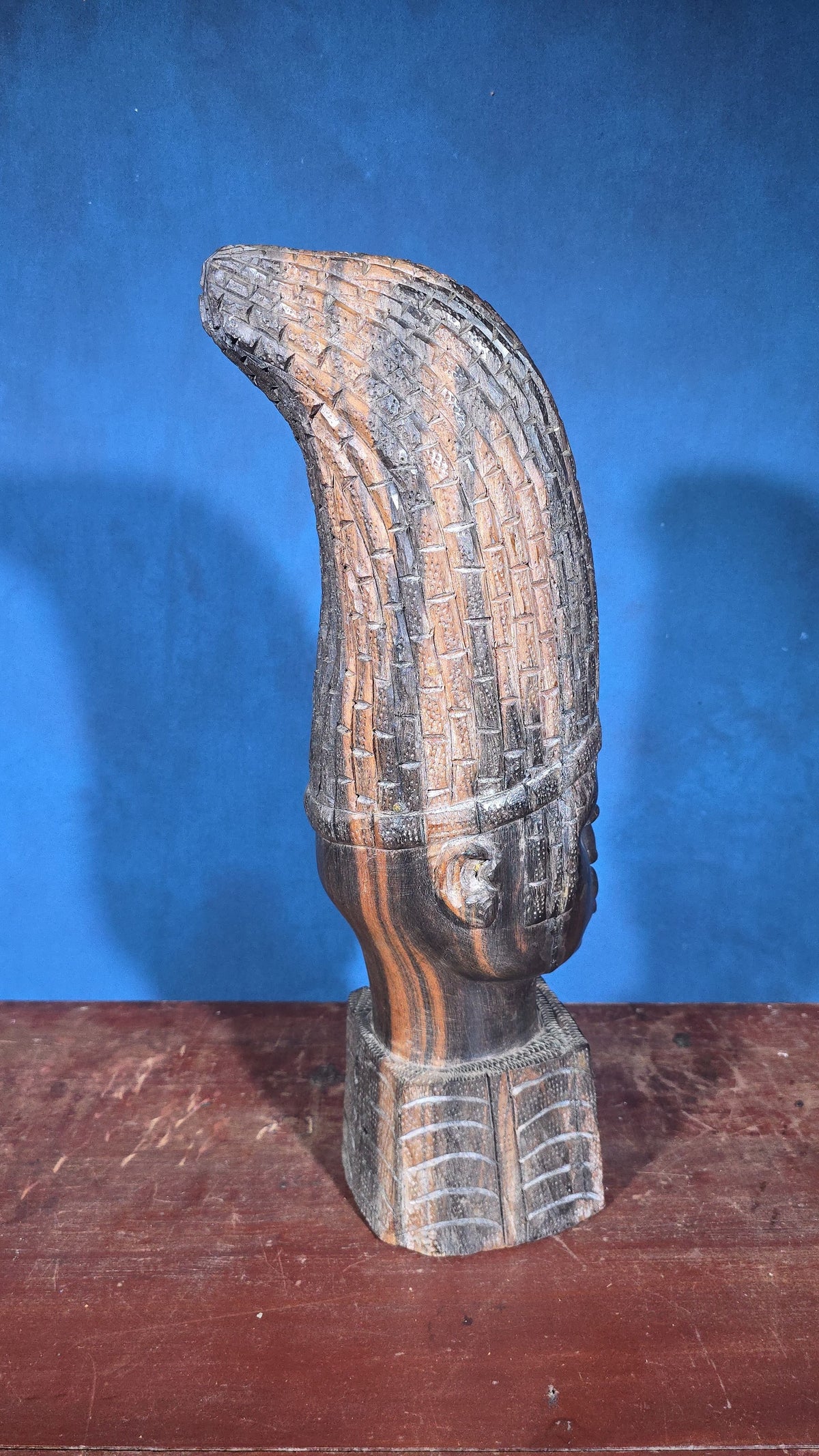 Vintage Carved Wood African Bust with Tall Headdress