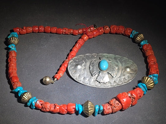 Pair of Vintage Southwestern Jewelry Items Including Coral and Turquoise Bead Necklace and Stamped Metal Thunderbird Brooch with Turquoise Cabochon