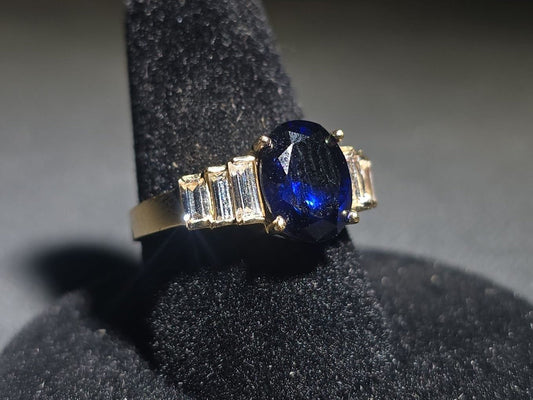 14K Gold Sapphire Ring with Cubic Zirconia Accent Stones