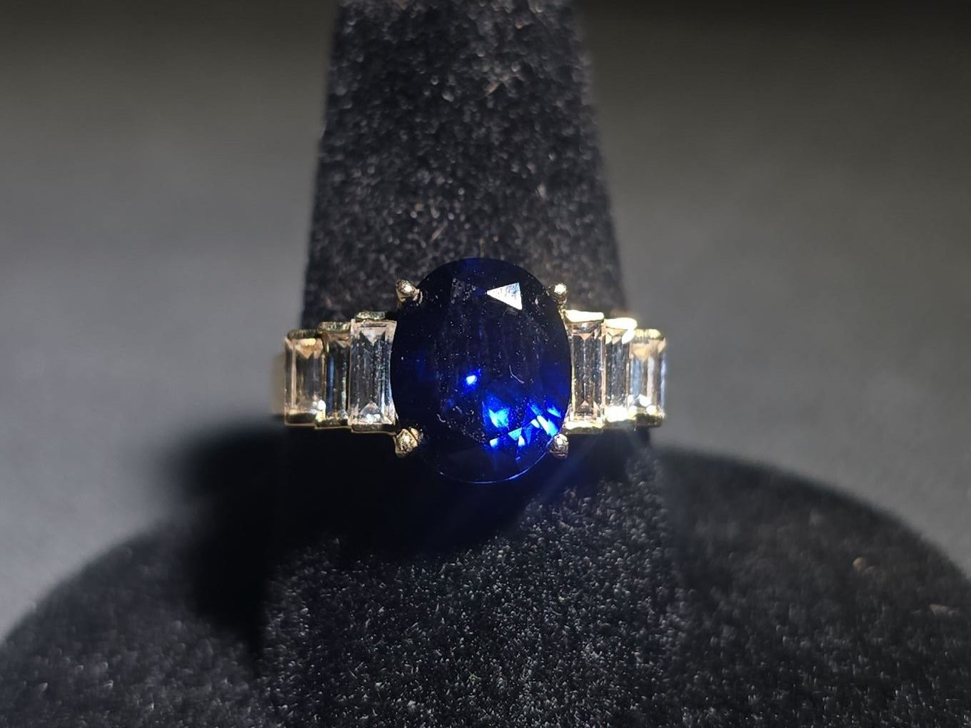 14K Gold Sapphire Ring with Cubic Zirconia Accent Stones