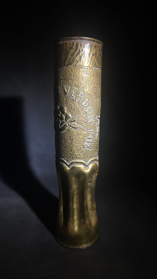 Antique WWI Trench Art Vase, French 75mm Brass Shell Casing Dated 1917, "Souvenir from Verdun 1918" with 82nd "All American" Division Insignia, Roses, and Cross