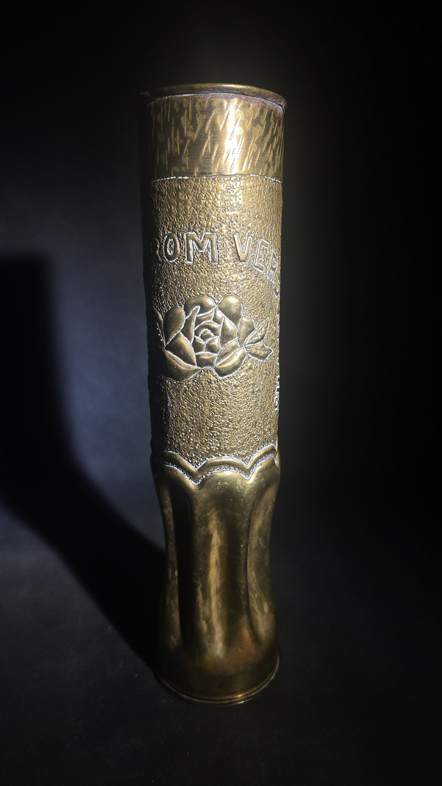 Antique WWI Trench Art Vase, French 75mm Brass Shell Casing Dated 1917, "Souvenir from Verdun 1918" with 82nd "All American" Division Insignia, Roses, and Cross