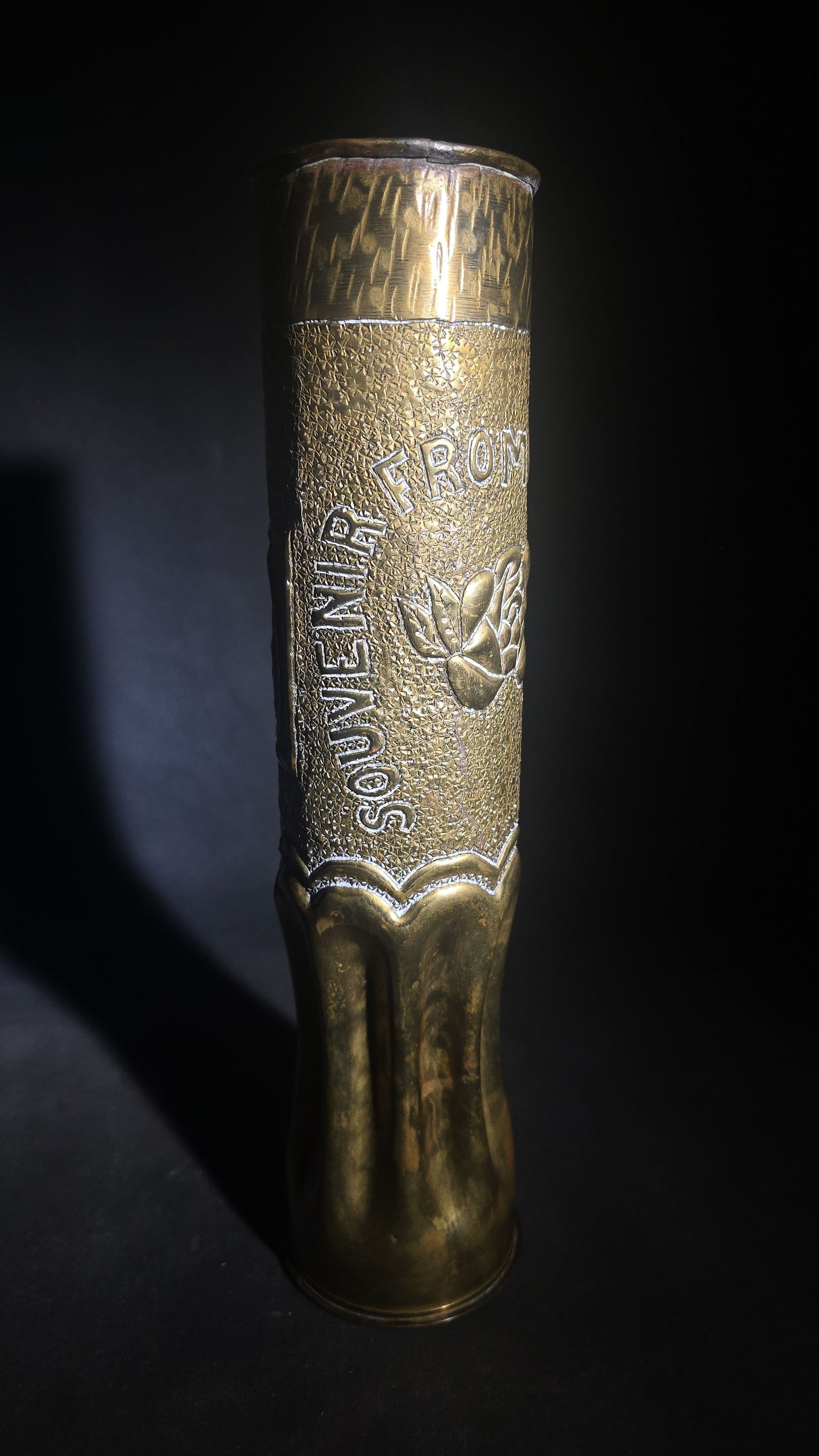 Antique WWI Trench Art Vase, French 75mm Brass Shell Casing Dated 1917, "Souvenir from Verdun 1918" with 82nd "All American" Division Insignia, Roses, and Cross