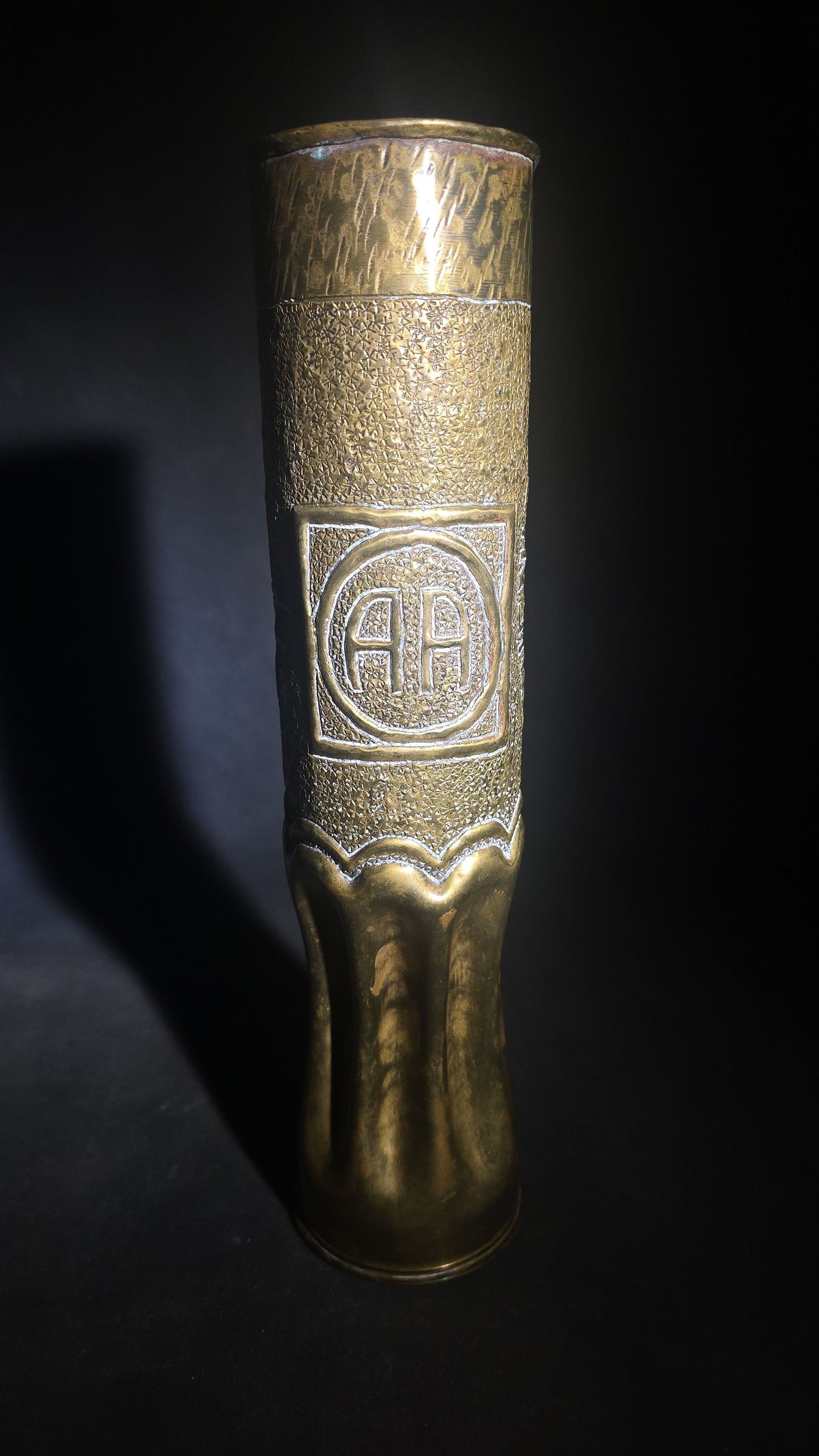 Antique WWI Trench Art Vase, French 75mm Brass Shell Casing Dated 1917, "Souvenir from Verdun 1918" with 82nd "All American" Division Insignia, Roses, and Cross