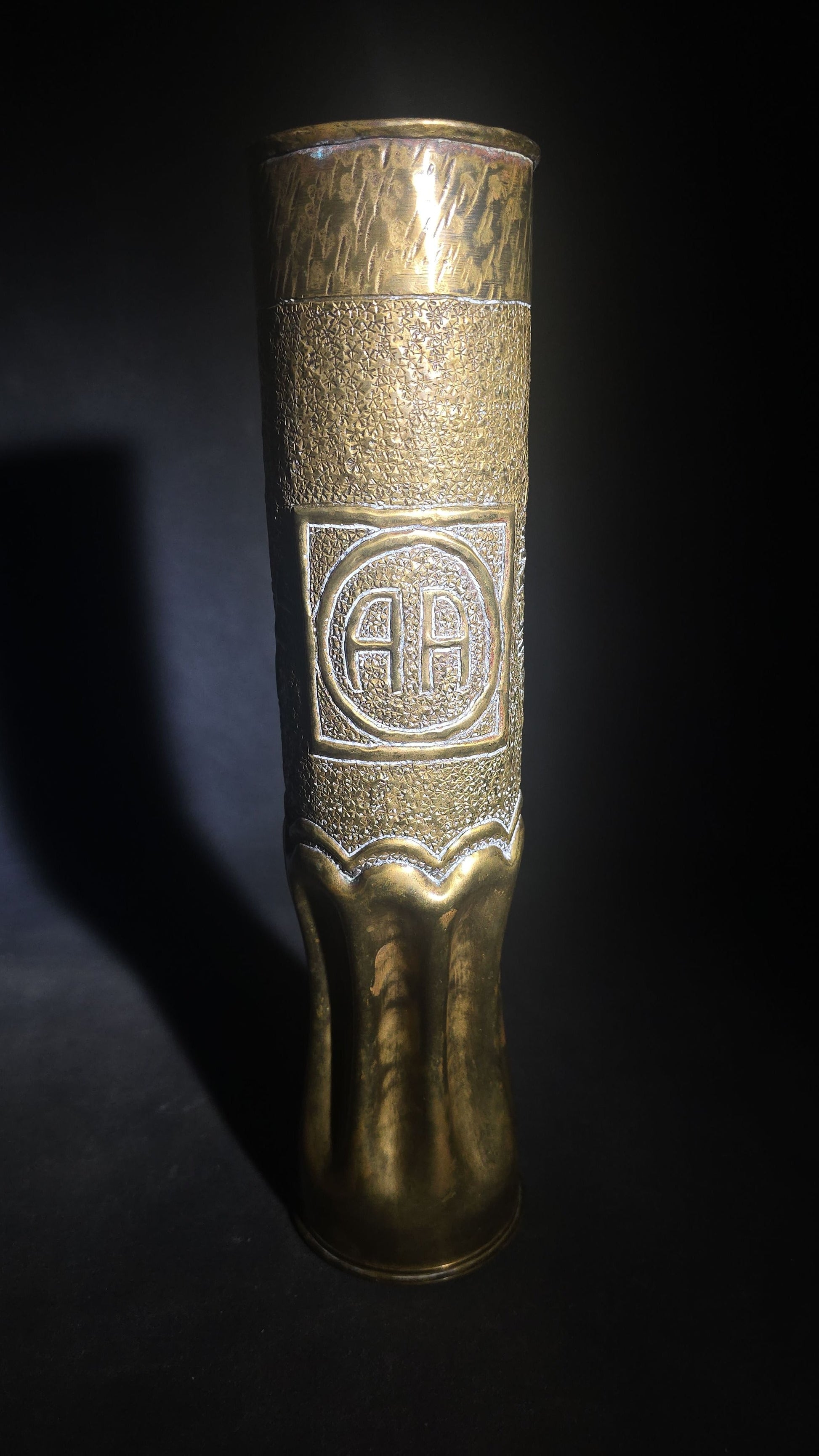 Antique WWI Trench Art Vase, French 75mm Brass Shell Casing Dated 1917, "Souvenir from Verdun 1918" with 82nd "All American" Division Insignia, Roses, and Cross