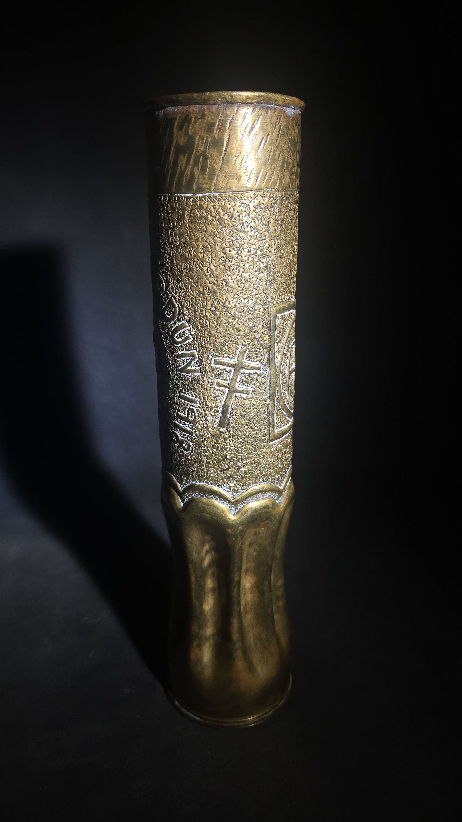 Antique WWI Trench Art Vase, French 75mm Brass Shell Casing Dated 1917, "Souvenir from Verdun 1918" with 82nd "All American" Division Insignia, Roses, and Cross