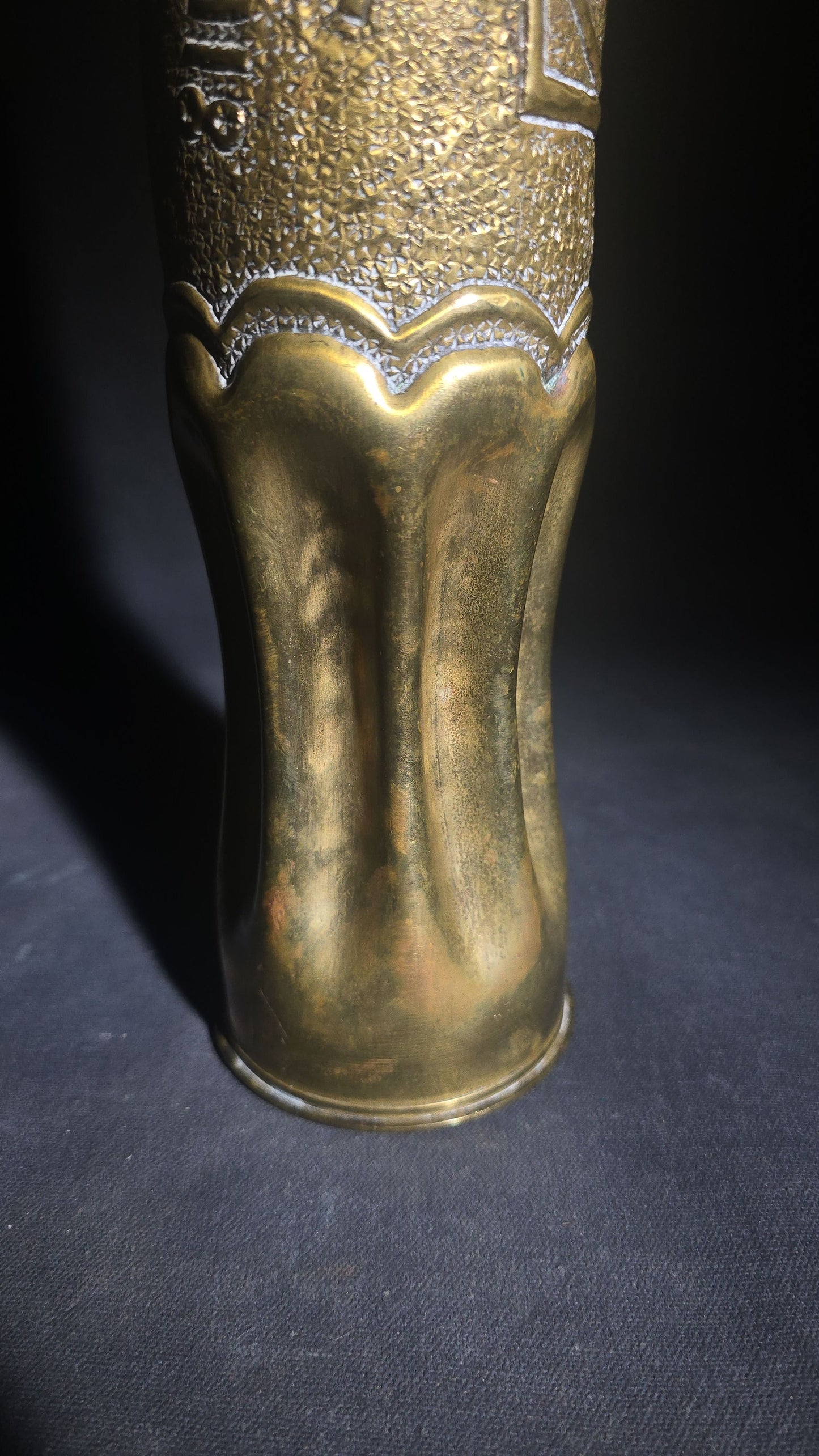 Antique WWI Trench Art Vase, French 75mm Brass Shell Casing Dated 1917, "Souvenir from Verdun 1918" with 82nd "All American" Division Insignia, Roses, and Cross
