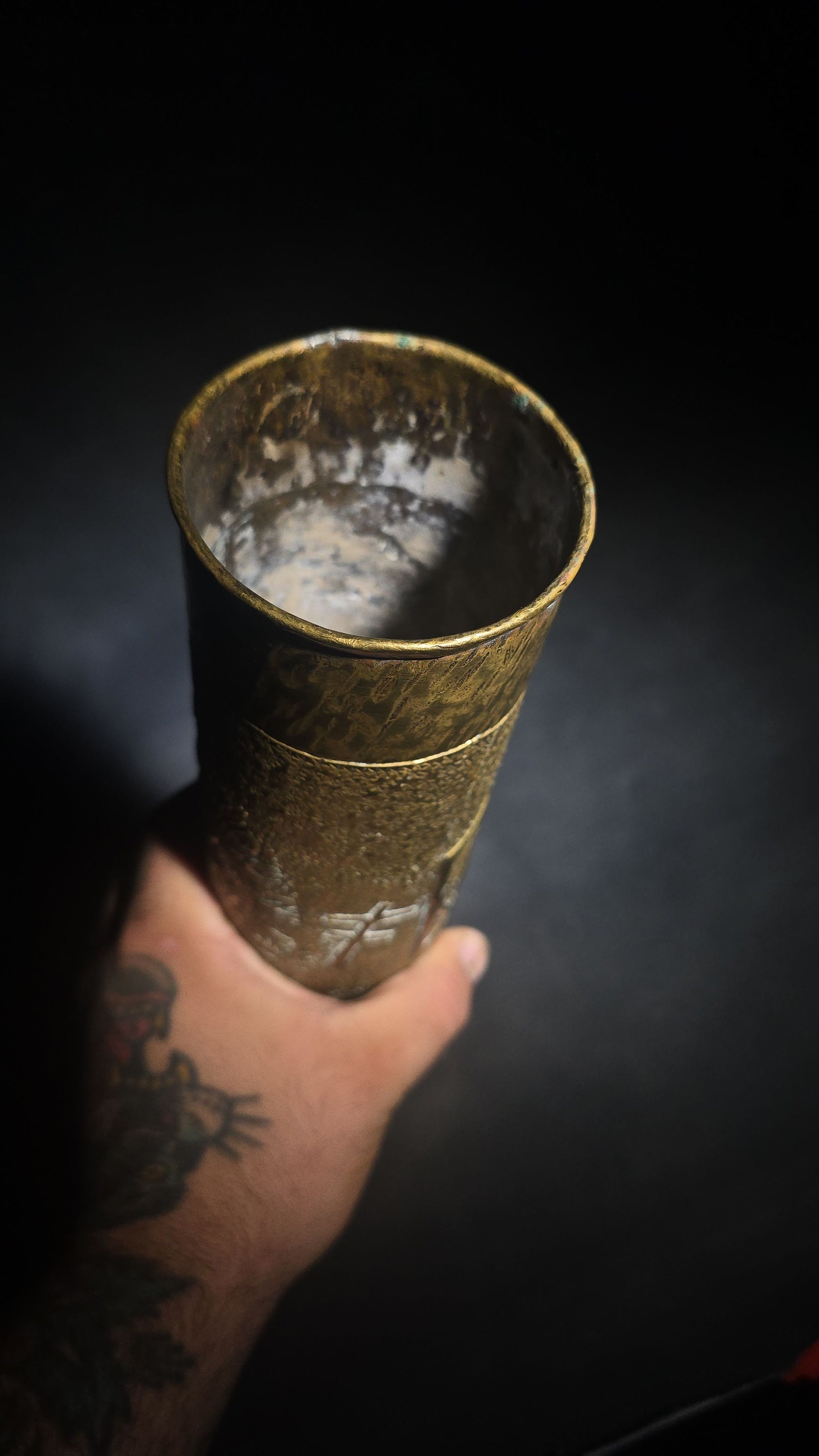 Antique WWI Trench Art Vase, French 75mm Brass Shell Casing Dated 1917, "Souvenir from Verdun 1918" with 82nd "All American" Division Insignia, Roses, and Cross