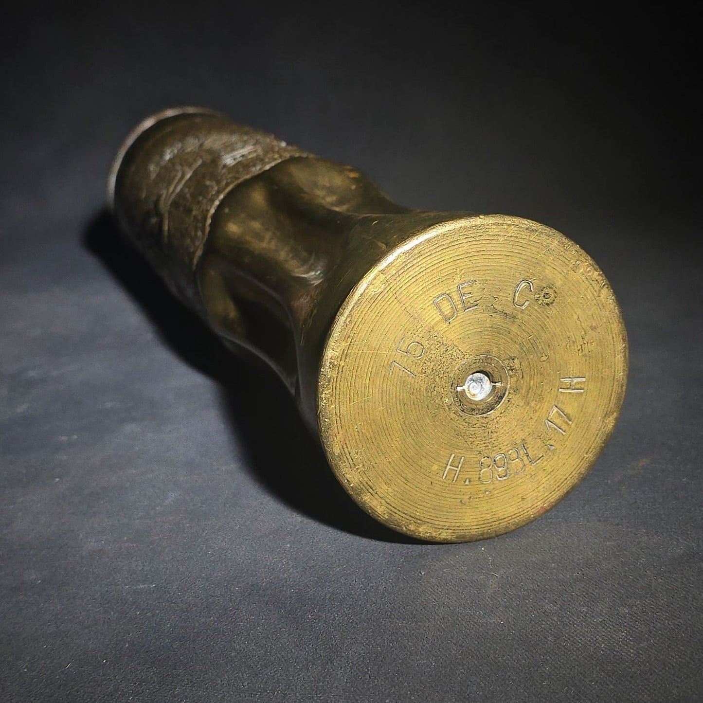 Antique WWI Trench Art Vase, French 75mm Brass Shell Casing Dated 1917, "Souvenir from Verdun 1918" with 82nd "All American" Division Insignia, Roses, and Cross