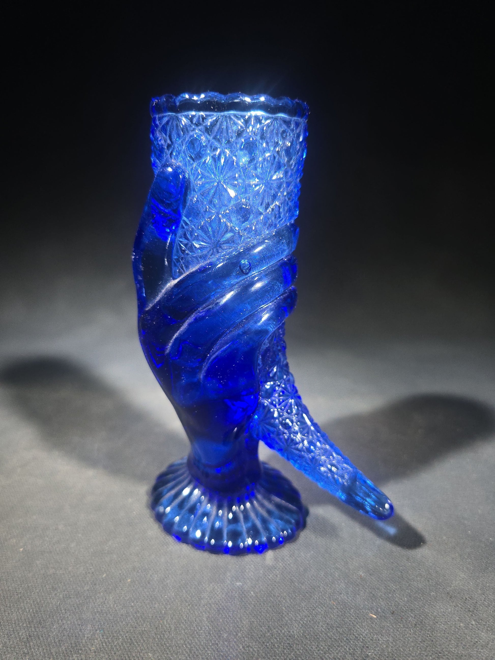 Vintage Cobalt Blue Pressed Glass Figural Hand Vase in Daisy and Button Pattern with Scalloped Rim and Ribbed Pedestal Base