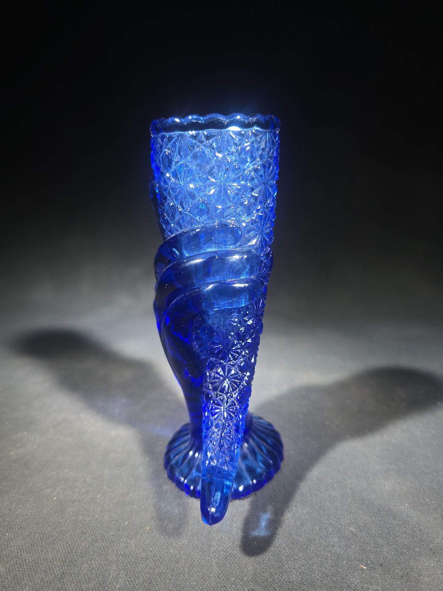 Vintage Cobalt Blue Pressed Glass Figural Hand Vase in Daisy and Button Pattern with Scalloped Rim and Ribbed Pedestal Base