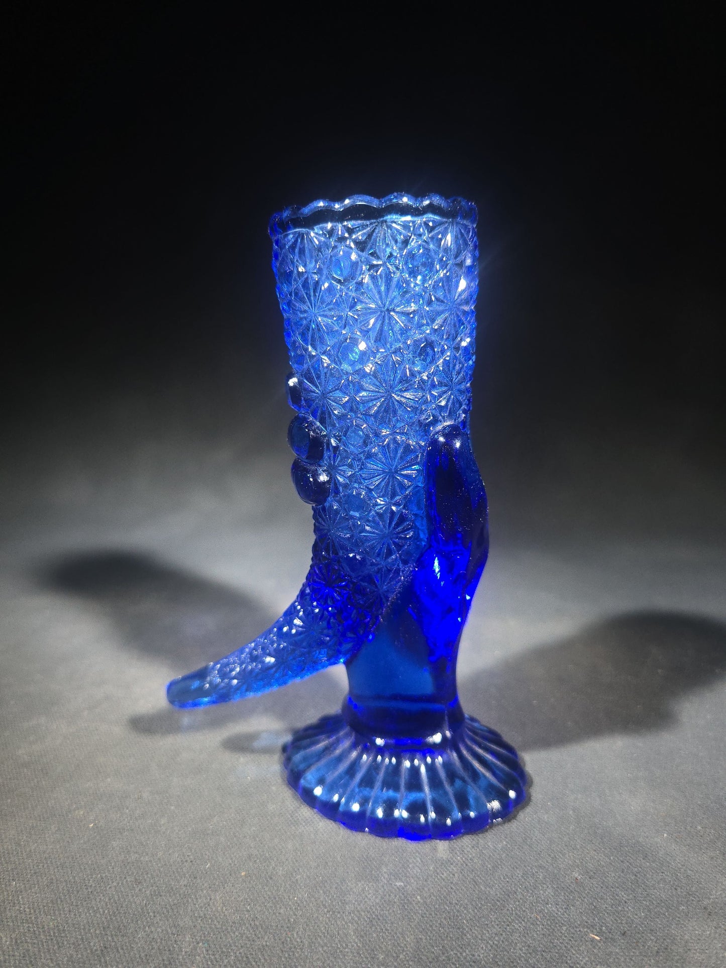 Vintage Cobalt Blue Pressed Glass Figural Hand Vase in Daisy and Button Pattern with Scalloped Rim and Ribbed Pedestal Base