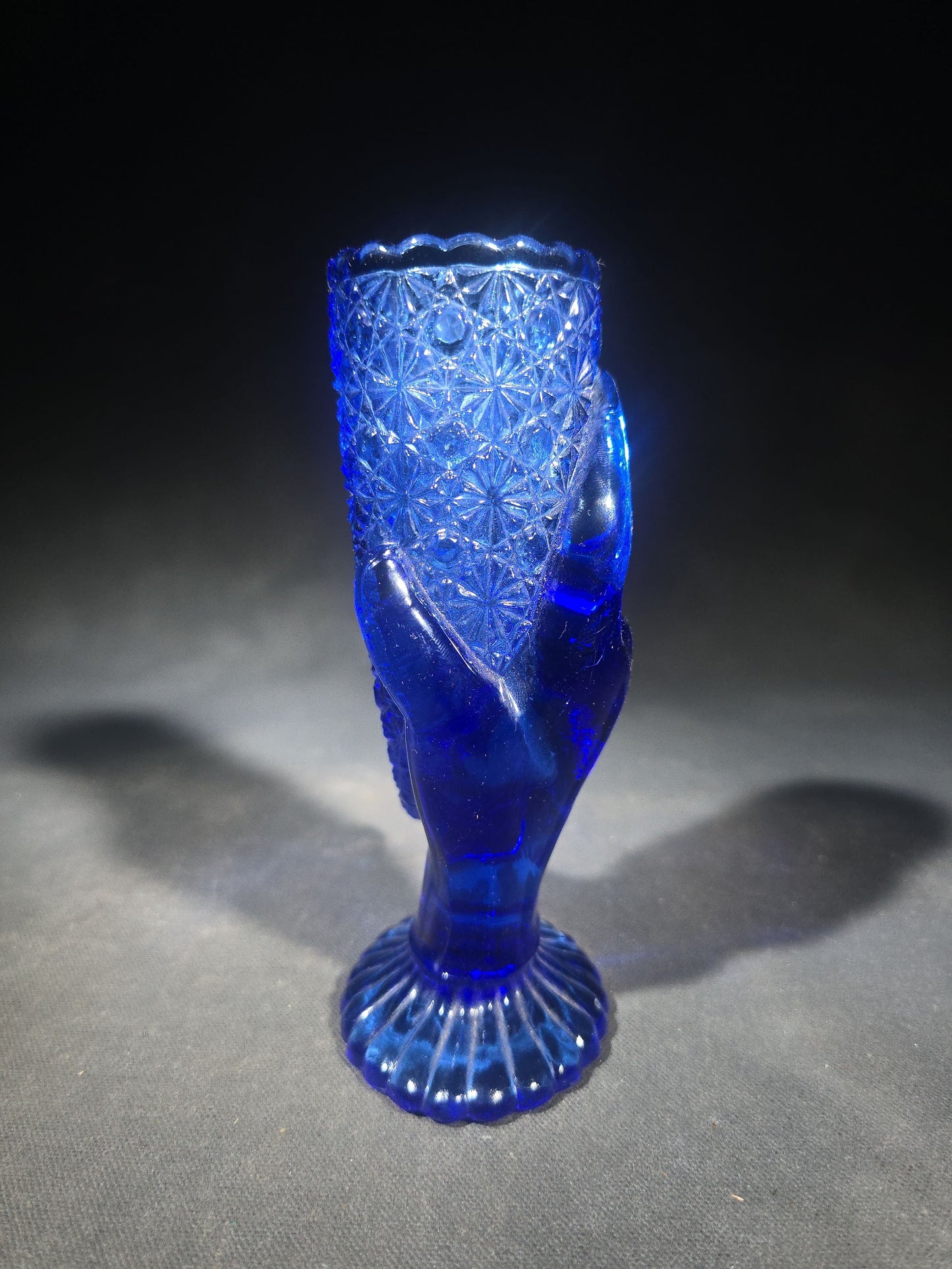 Vintage Cobalt Blue Pressed Glass Figural Hand Vase in Daisy and Button Pattern with Scalloped Rim and Ribbed Pedestal Base