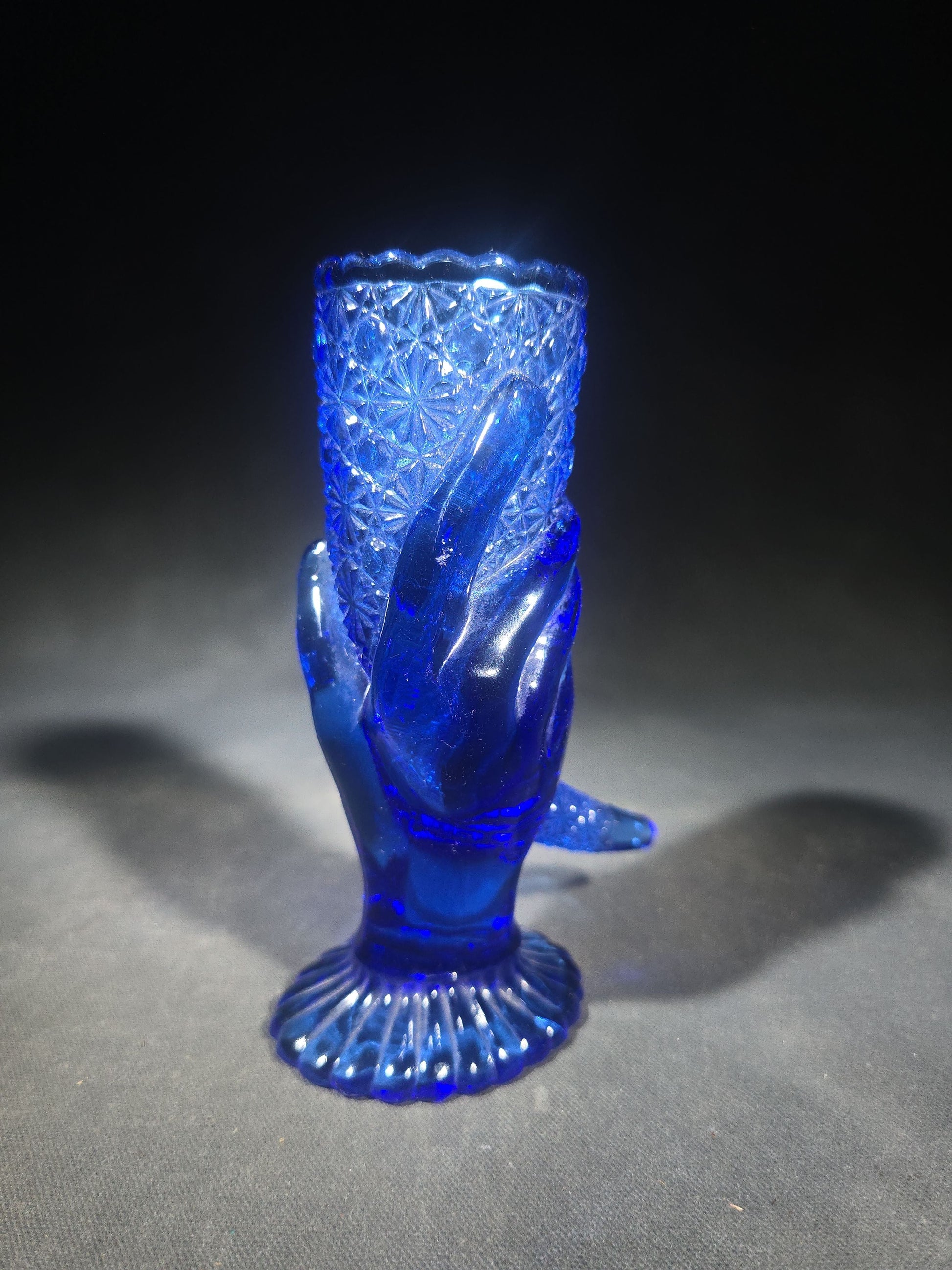 Vintage Cobalt Blue Pressed Glass Figural Hand Vase in Daisy and Button Pattern with Scalloped Rim and Ribbed Pedestal Base