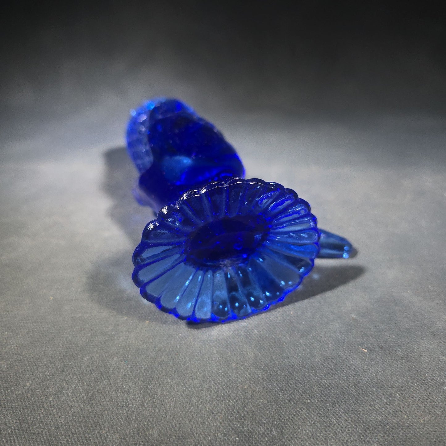 Vintage Cobalt Blue Pressed Glass Figural Hand Vase in Daisy and Button Pattern with Scalloped Rim and Ribbed Pedestal Base