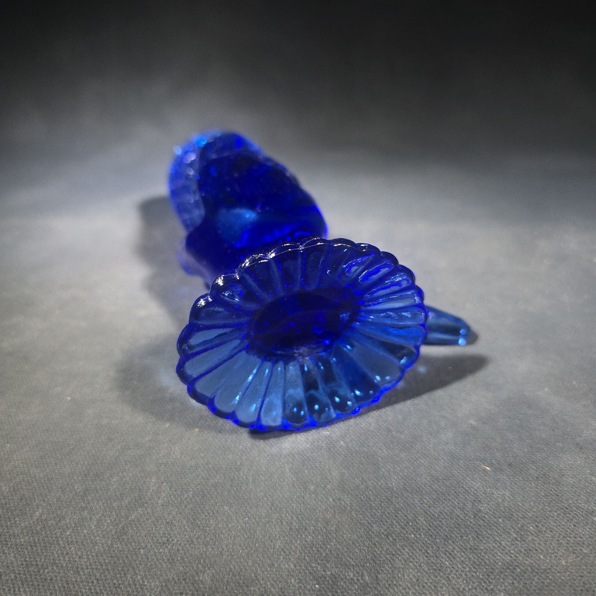 Vintage Cobalt Blue Pressed Glass Figural Hand Vase in Daisy and Button Pattern with Scalloped Rim and Ribbed Pedestal Base