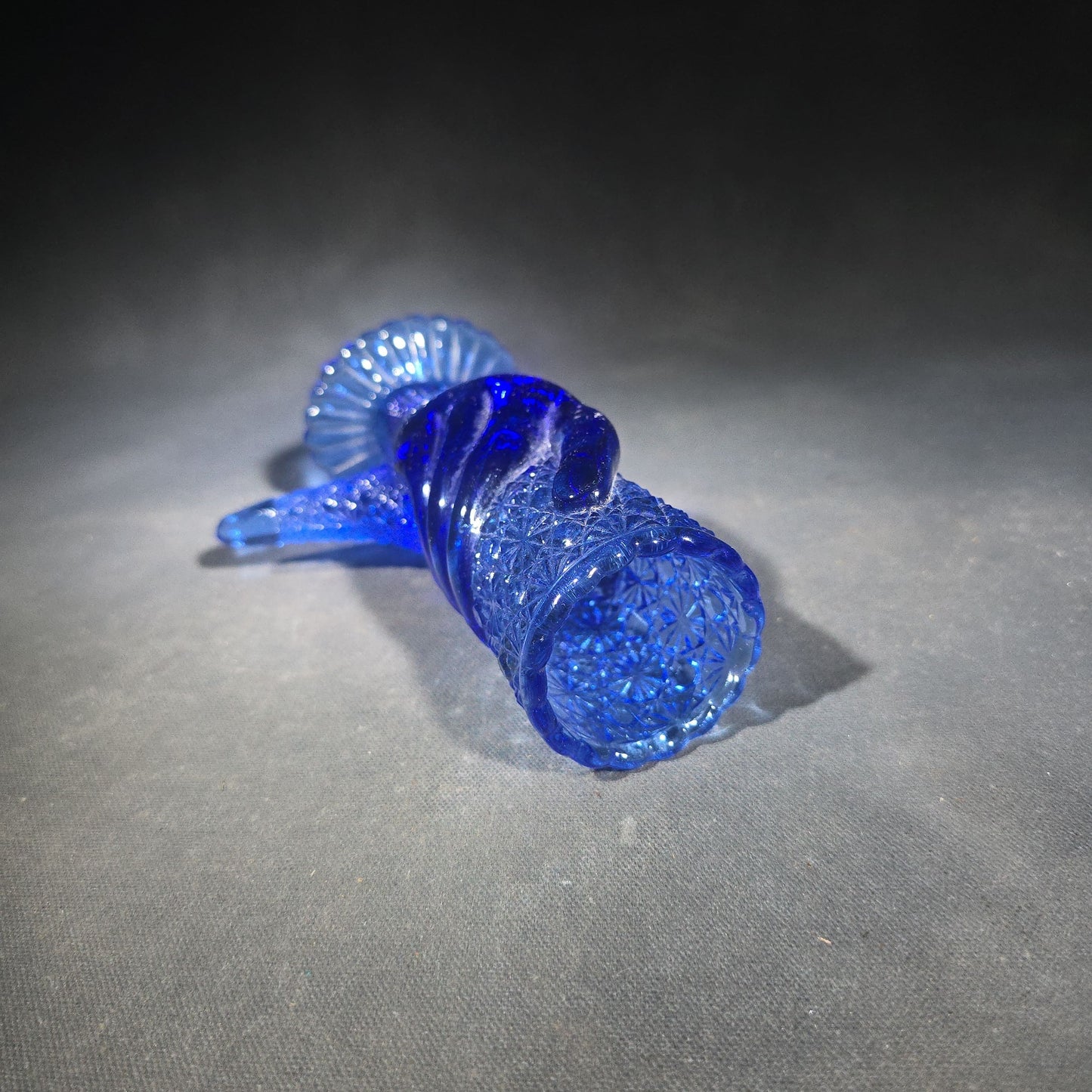 Vintage Cobalt Blue Pressed Glass Figural Hand Vase in Daisy and Button Pattern with Scalloped Rim and Ribbed Pedestal Base