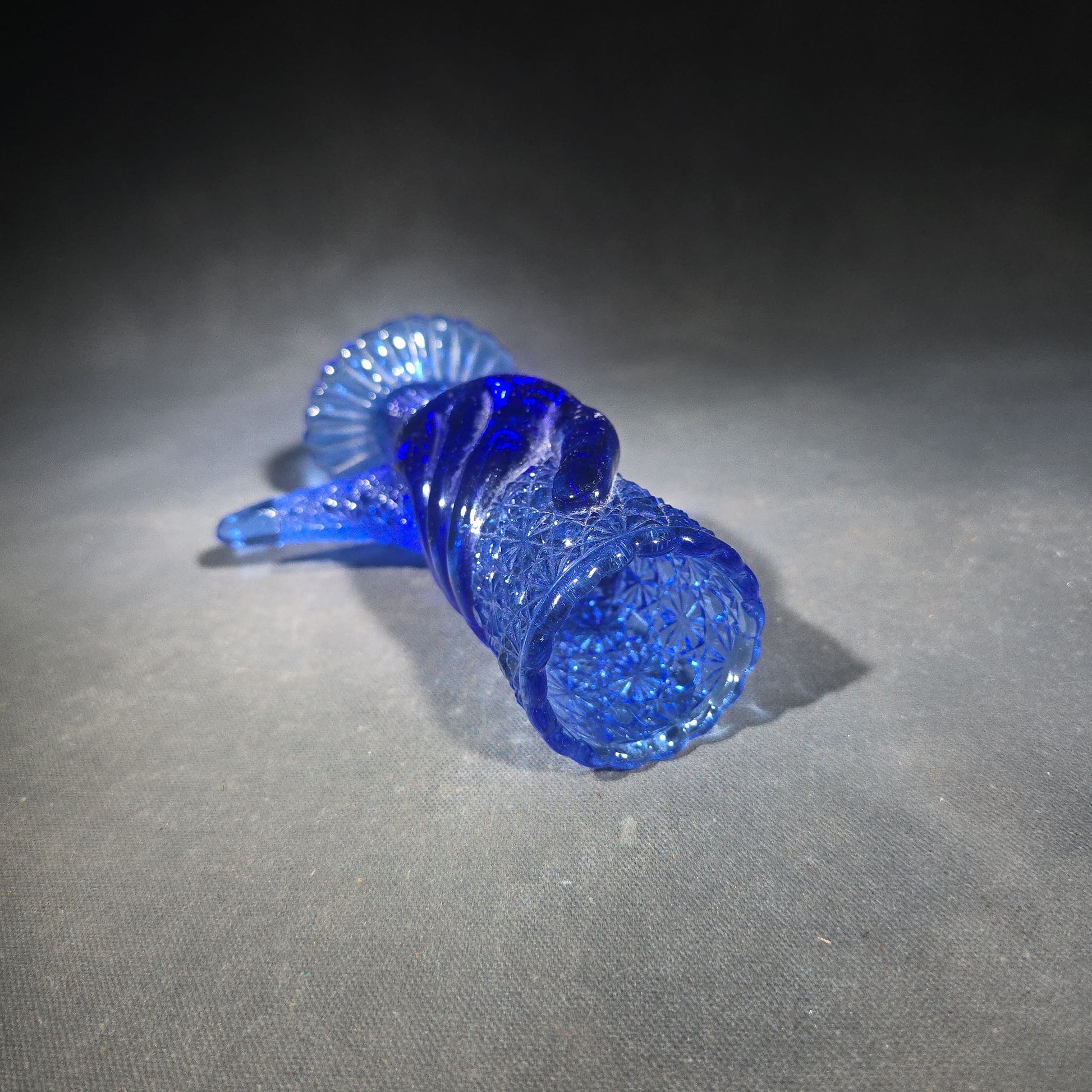 Vintage Cobalt Blue Pressed Glass Figural Hand Vase in Daisy and Button Pattern with Scalloped Rim and Ribbed Pedestal Base