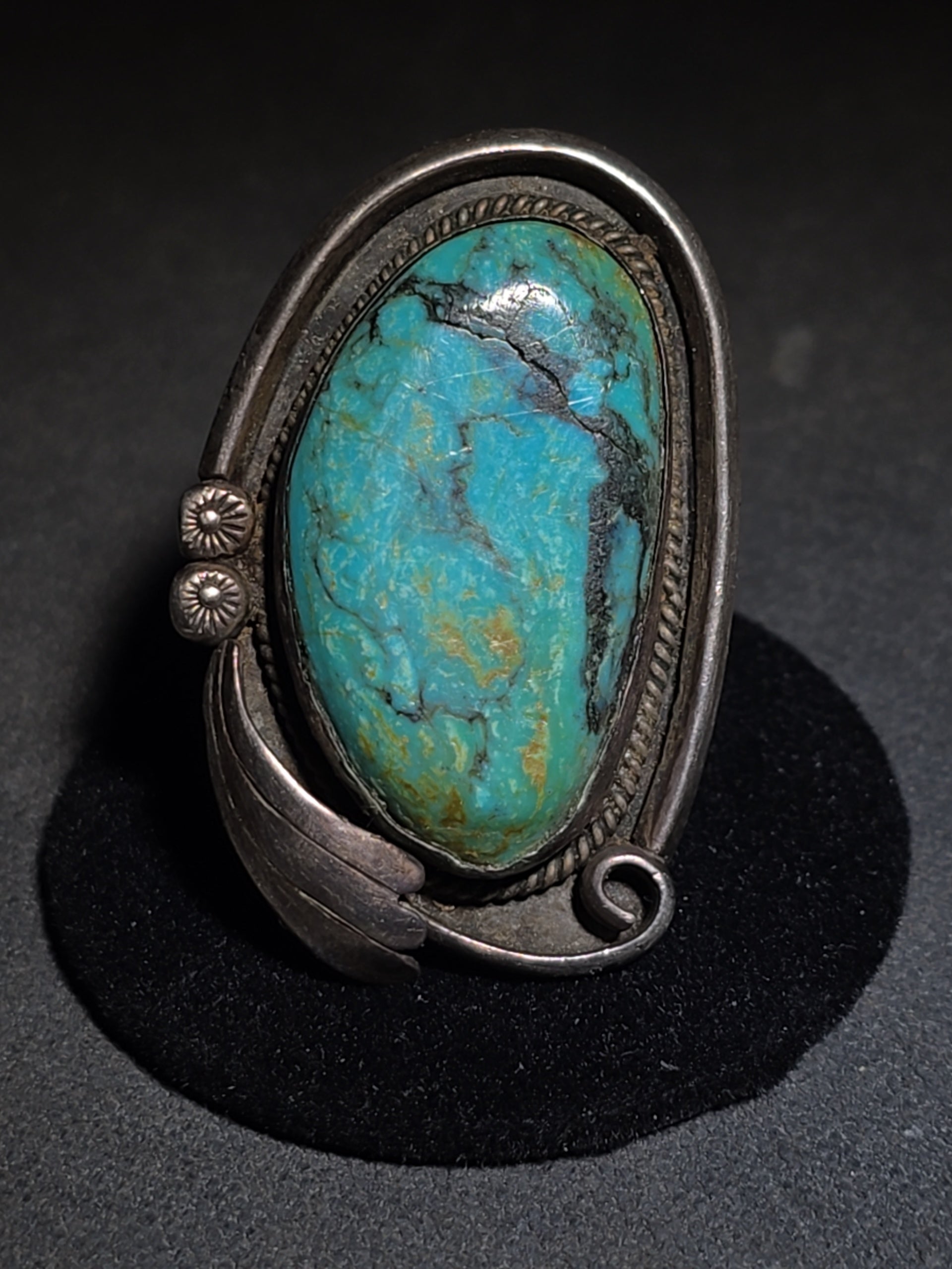 Vintage Old Pawn Native American Sterling Silver and Turquoise Ring with Rope Bezel and Scroll Accents