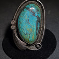 Lot 032 - Vintage Old Pawn Native American Sterling Silver and Turquoise Ring with Rope Bezel and Scroll Accents, Size 9, Total Weight 22.94 g