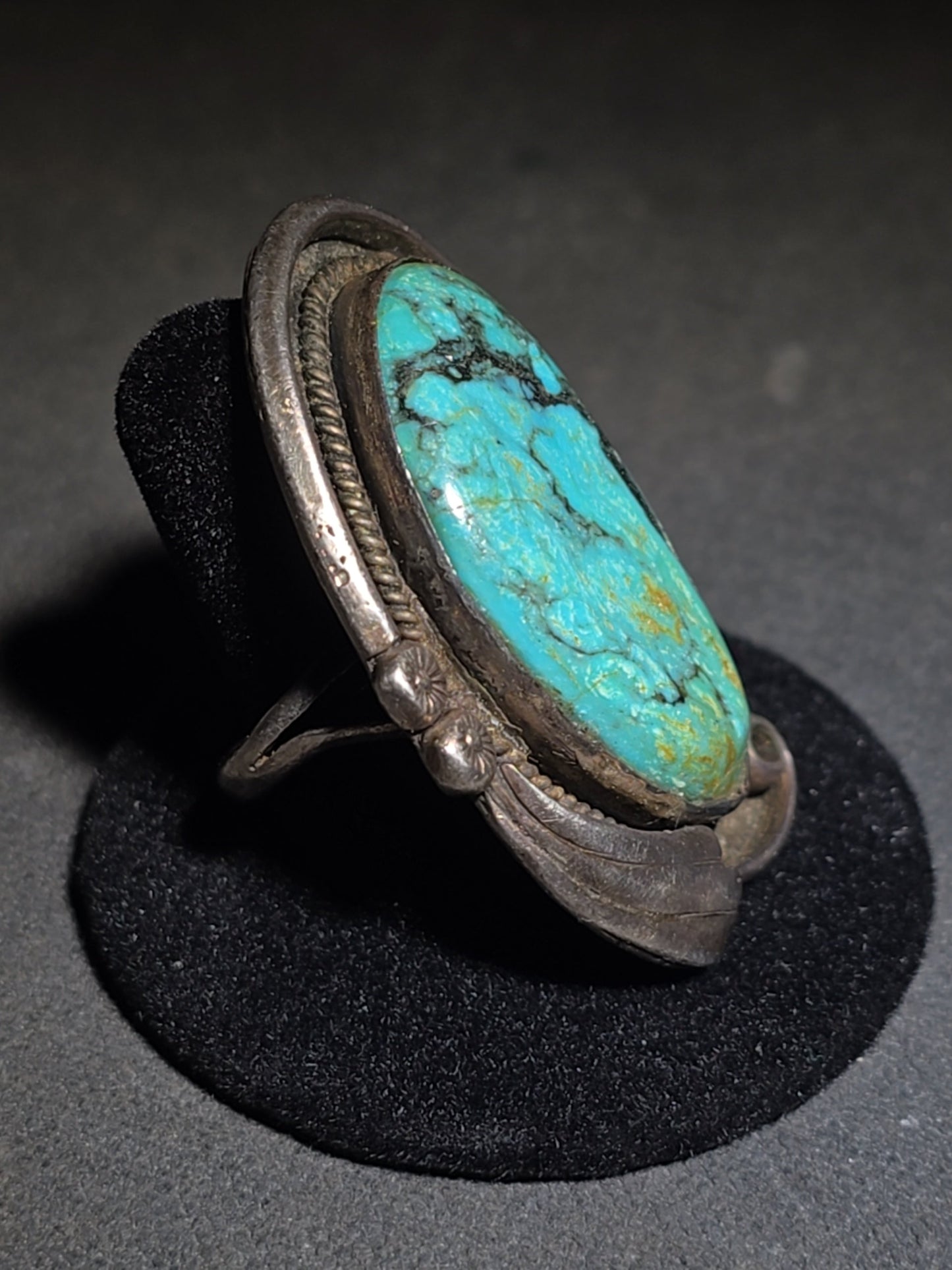 Vintage Old Pawn Native American Sterling Silver and Turquoise Ring with Rope Bezel and Scroll Accents