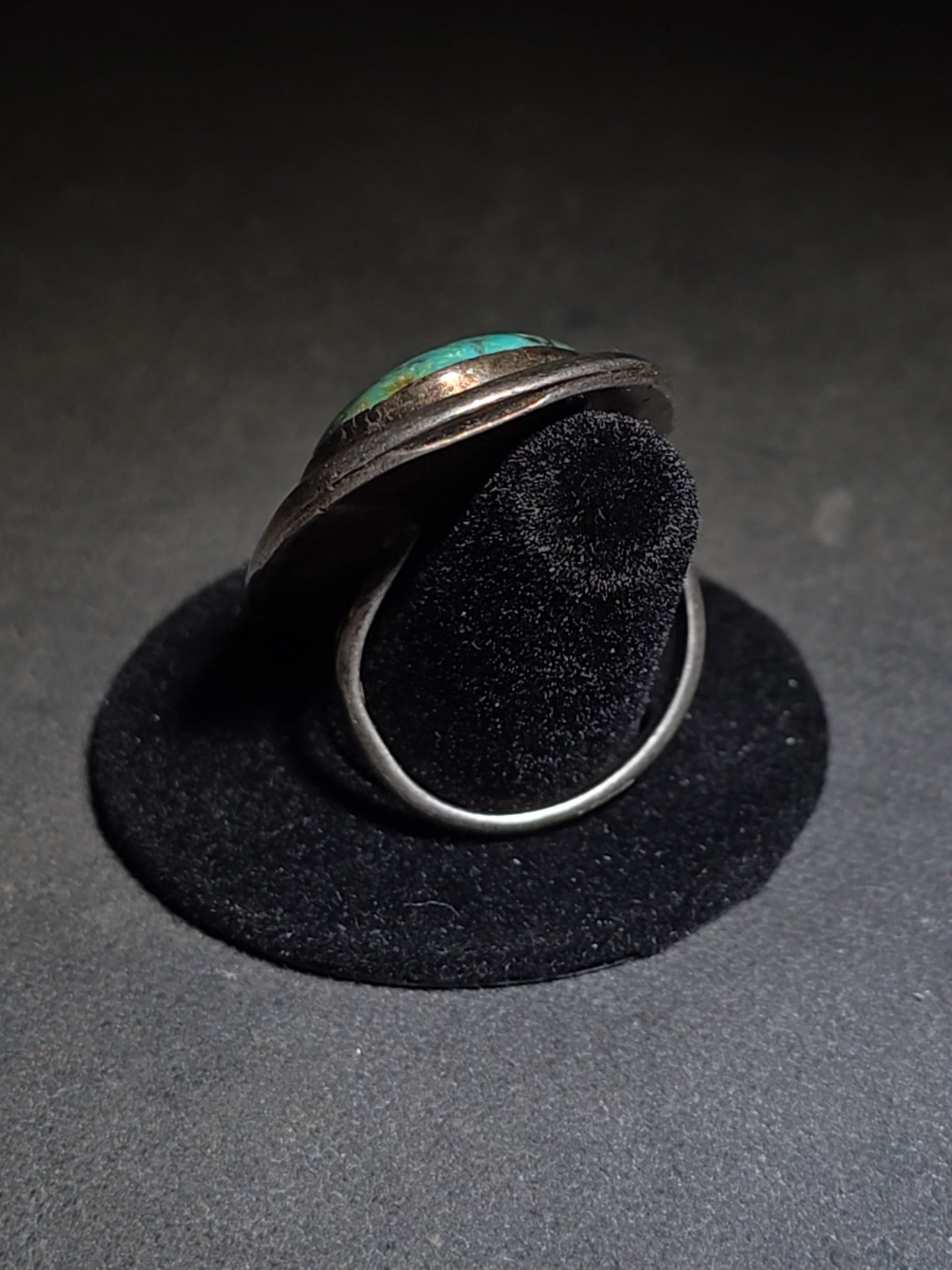 Vintage Old Pawn Native American Sterling Silver and Turquoise Ring with Rope Bezel and Scroll Accents