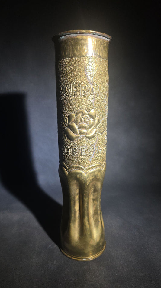 Antique WWI Trench Art Vase, French 75mm Brass Shell Casing Dated 1916, "Souvenir from Argonne Forest" with Y.M.C.A. Triangle Insignia, Roses, and Oak Leaves, Note Cracks
