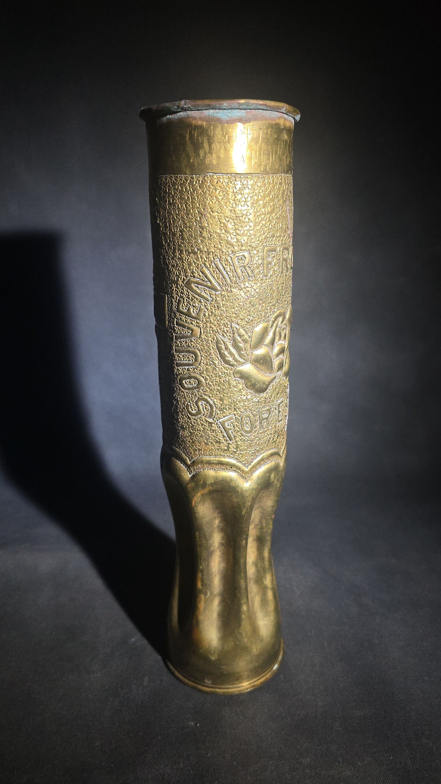 Antique WWI Trench Art Vase, French 75mm Brass Shell Casing Dated 1916, "Souvenir from Argonne Forest" with Y.M.C.A. Triangle Insignia, Roses, and Oak Leaves, Note Cracks